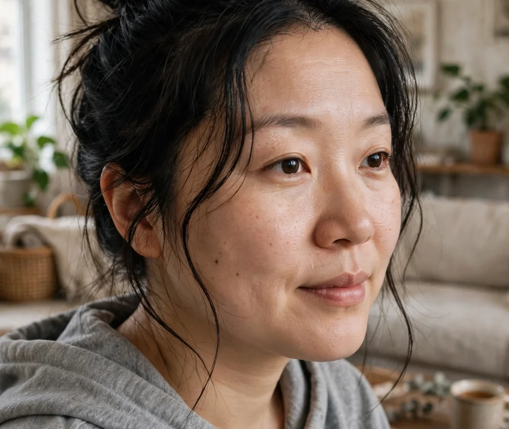 High messy bun adding height to a round face, East Asian woman in her early 30s, gray hoodie, home living room