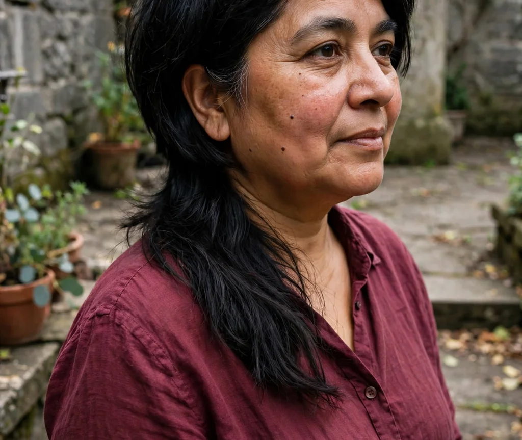 Asymmetrical bob with a diagonal line, South Asian woman in her mid 40s with a round face, maroon blouse, stone courtyard