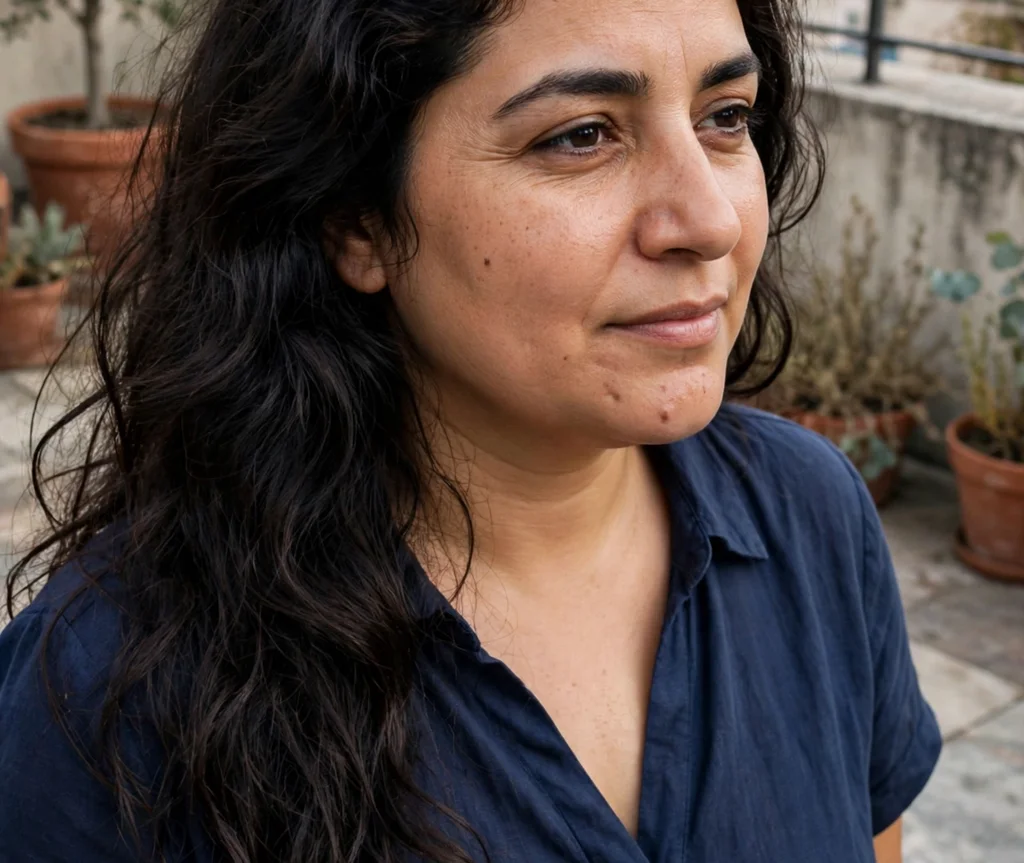 Long dark wavy hair with a deep side part, Middle Eastern woman in her early 30s with a round face, navy dress, rooftop terrace