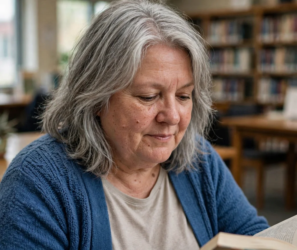 Layered shoulder-length cut on silver-gray hair, Caucasian woman in her early 50s with a round face, blue cardigan, library