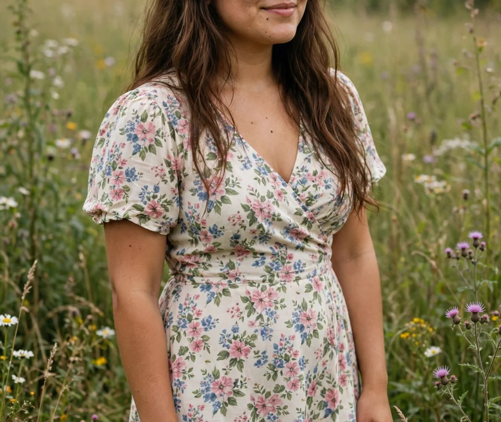 Wispy bangs with long brown hair, young Latina woman in her 20s with a round face, floral dress, meadow