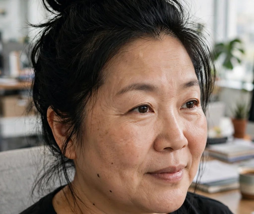 Voluminous top knot elongating a round face, East Asian woman in her mid 40s, black top, bright office