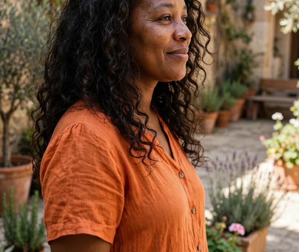 Long natural curly hair with layered shaping, Black woman in her early 30s with a round face, orange dress, sunlit courtyard