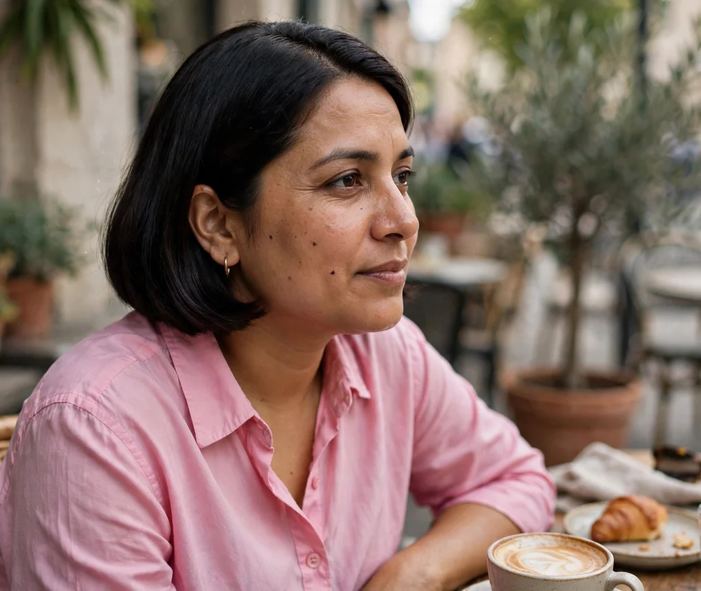 Side-parted sleek dark bob, South Asian woman in her early 30s with a round face, pink blouse, café terrace