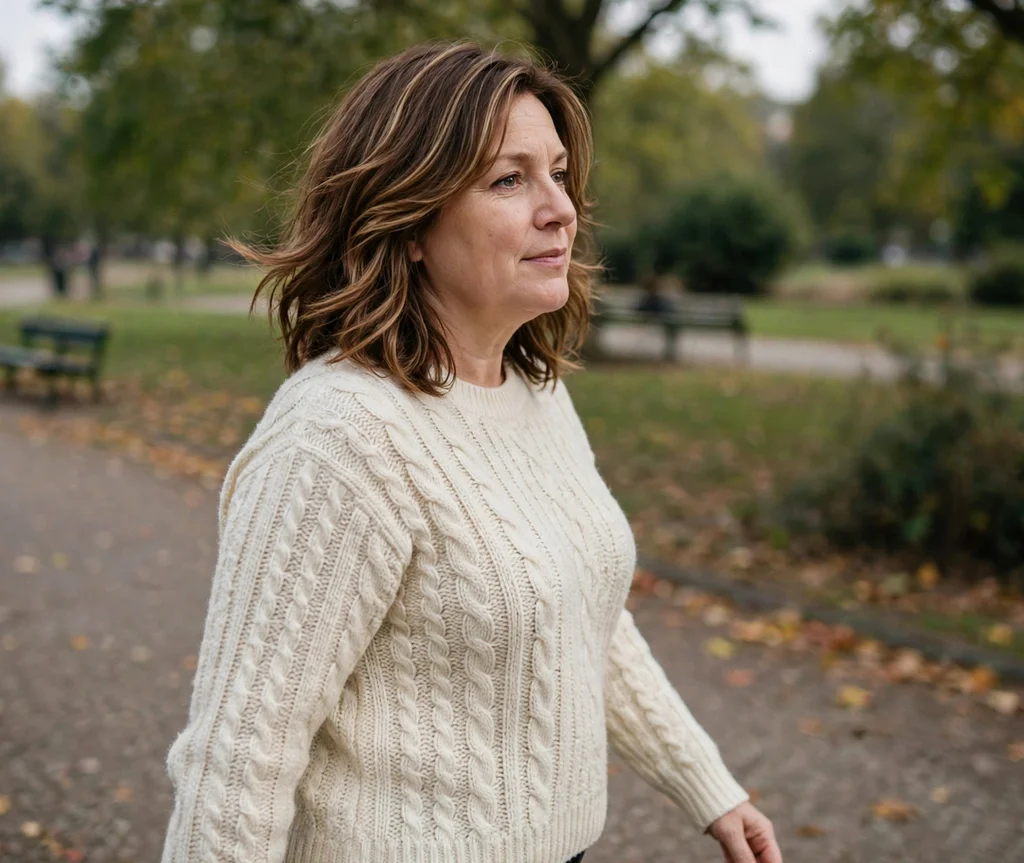 Layered lob with face-framing caramel highlights, Caucasian woman in her mid 40s with a round face, cream sweater, park