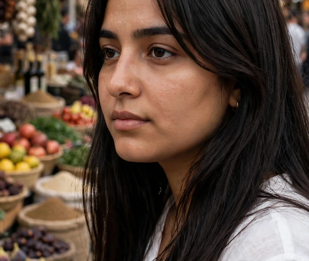 Very long straight dark hair with curtain layers, young Middle Eastern woman in her 20s with a round face, white top, outdoor market