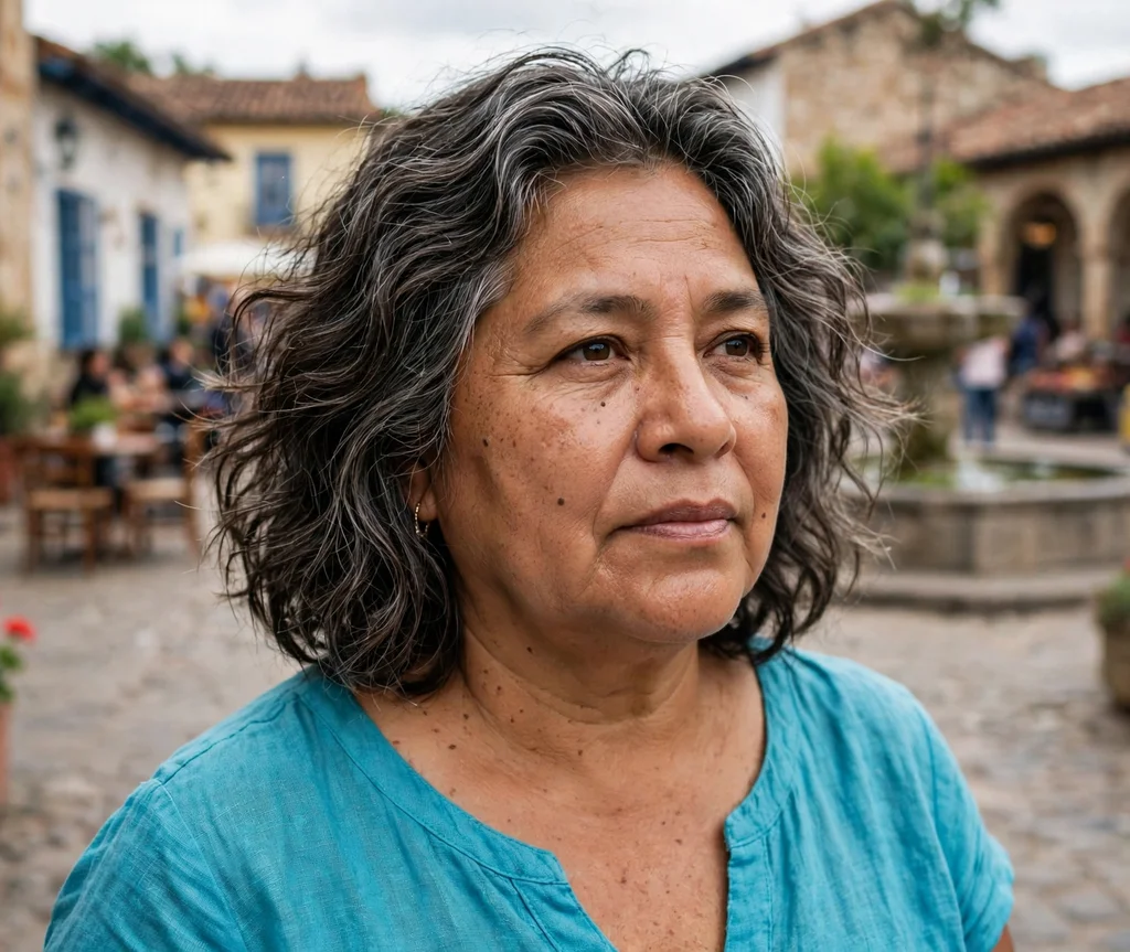 Textured wavy lob with natural gray streaks, Latina woman in her early 50s with a round face, turquoise top, town plaza