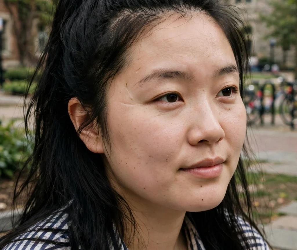 High half-up black ponytail with the rest of the hair down, young East Asian woman in her 20s with a round face, striped shirt, college campus