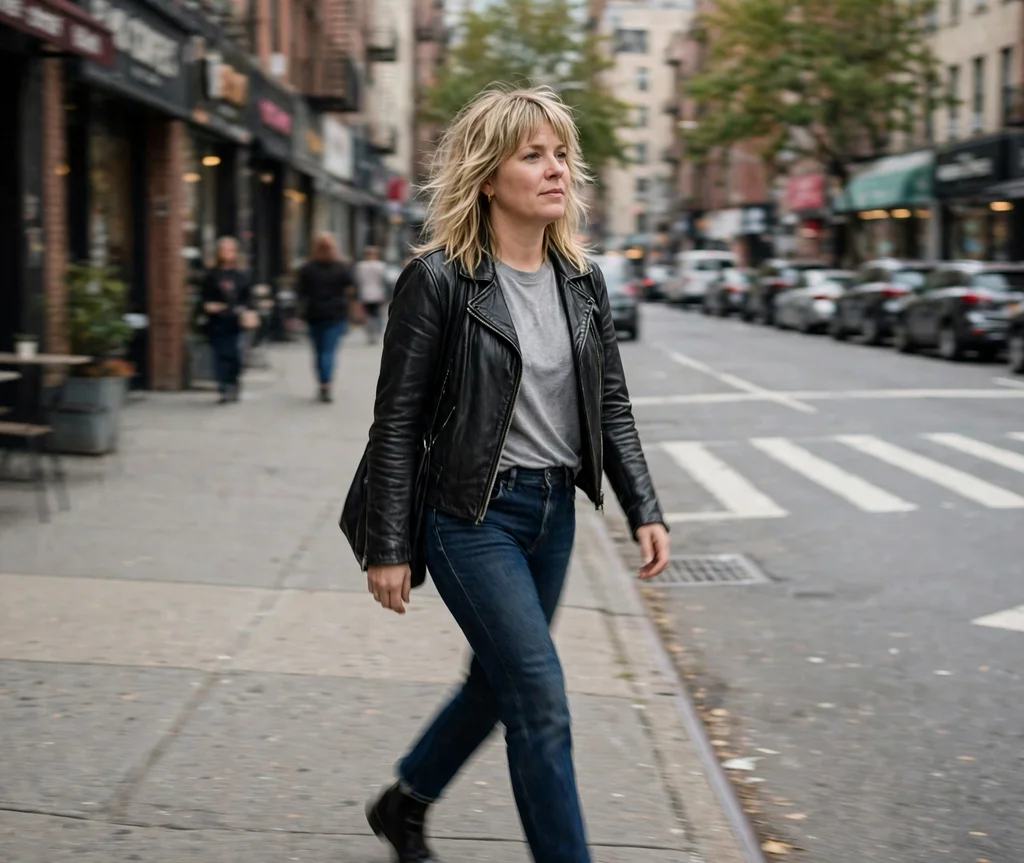 Long blonde shag haircut with bangs and choppy layers, Caucasian woman in her early 30s with a round face, leather jacket, city street