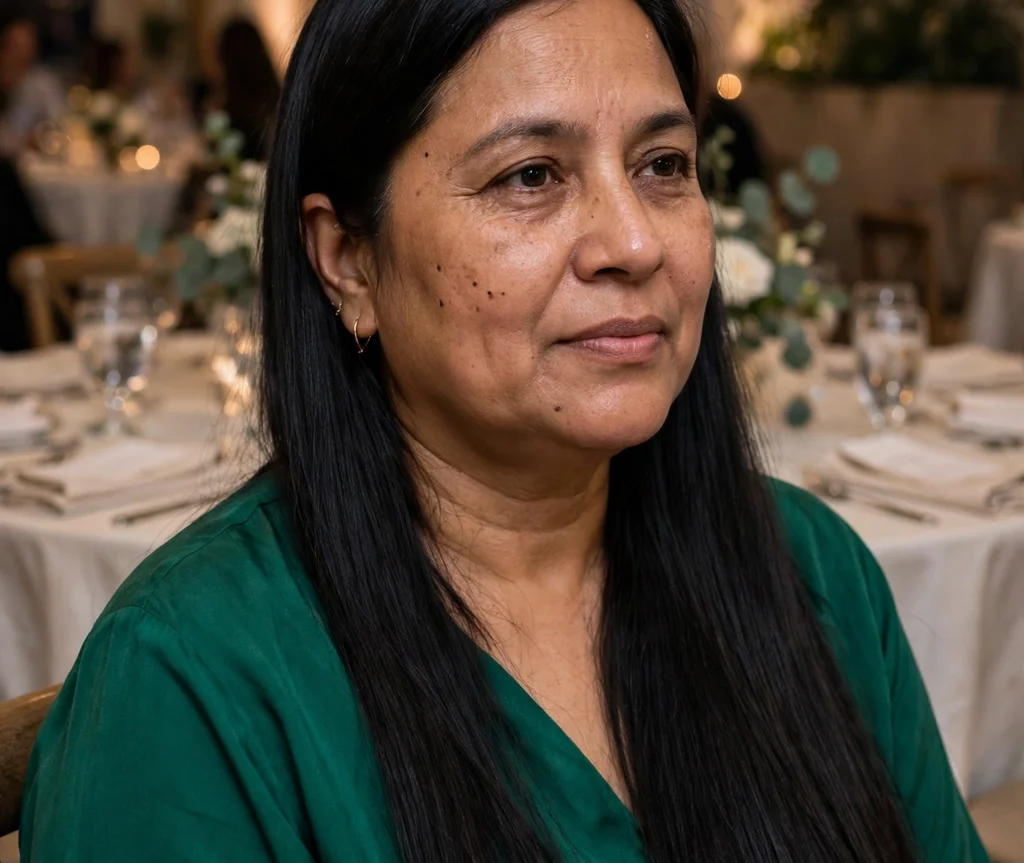 Sleek straight jet-black very long hair, South Asian woman in her mid 40s with a round face, emerald green top, evening event hall