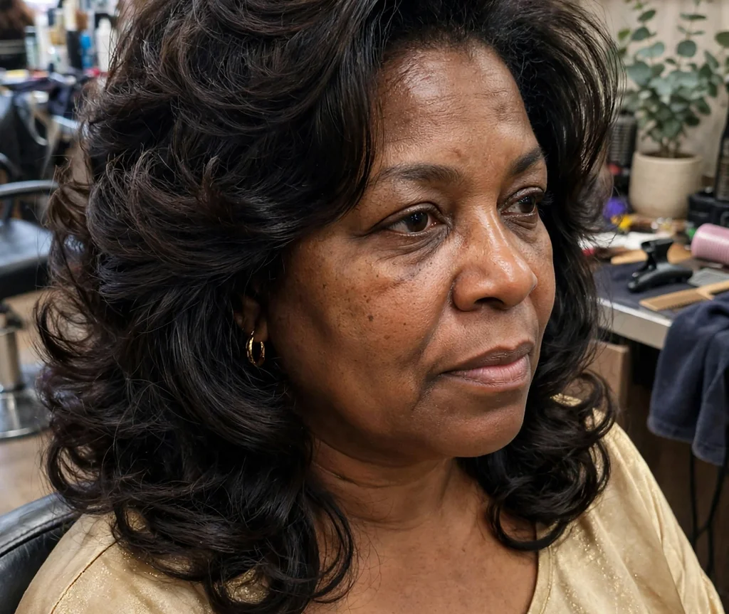 Bouncy layered blowout hairstyle with lots of volume, Black woman in her mid 40s with a round face, gold top, hair salon