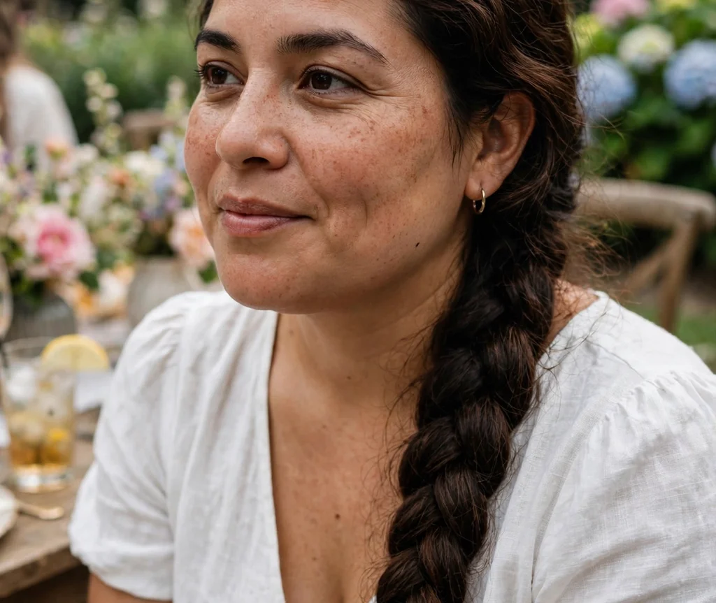 Long brown side braid draped over one shoulder, Latina woman in her early 30s with a round face, white dress, garden party