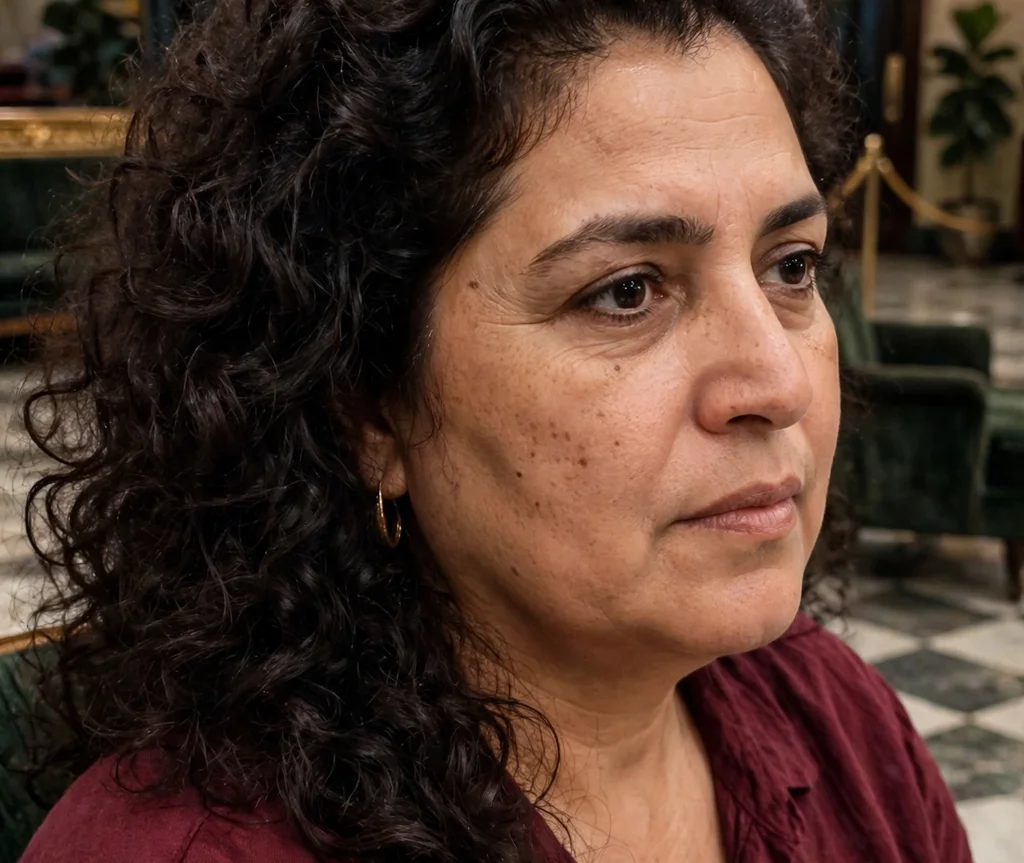 Voluminous dark curls with a deep side part, Middle Eastern woman in her mid 40s with a round face, burgundy blouse, theater lobby
