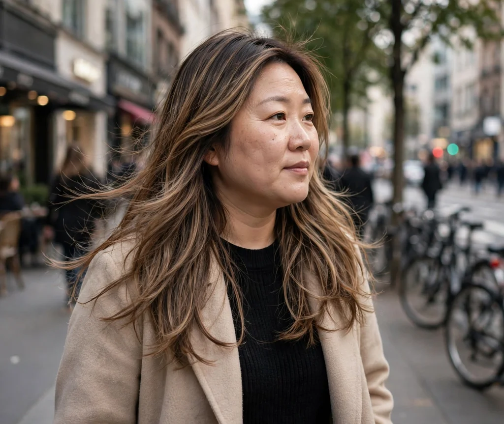 Long layered haircut with soft caramel balayage, East Asian woman in her early 30s with a round face, beige coat, city avenue