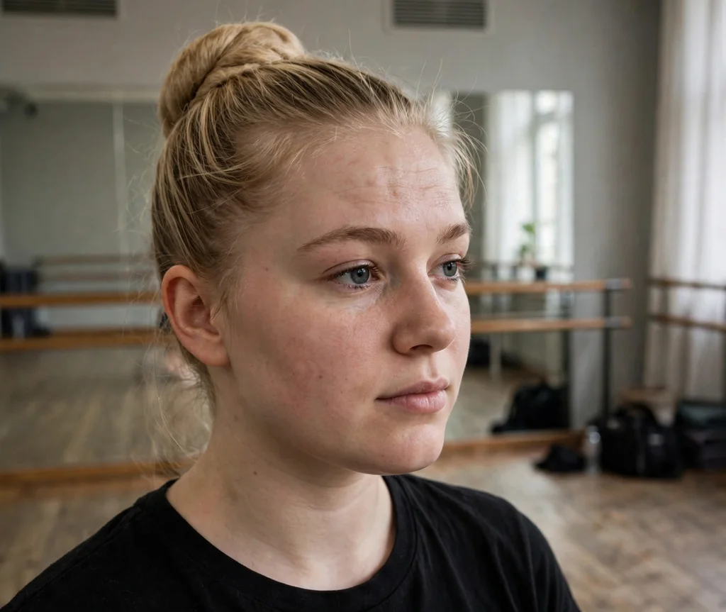 High sleek blonde ballerina bun, young Caucasian woman in her 20s with a round face, black top, dance studio