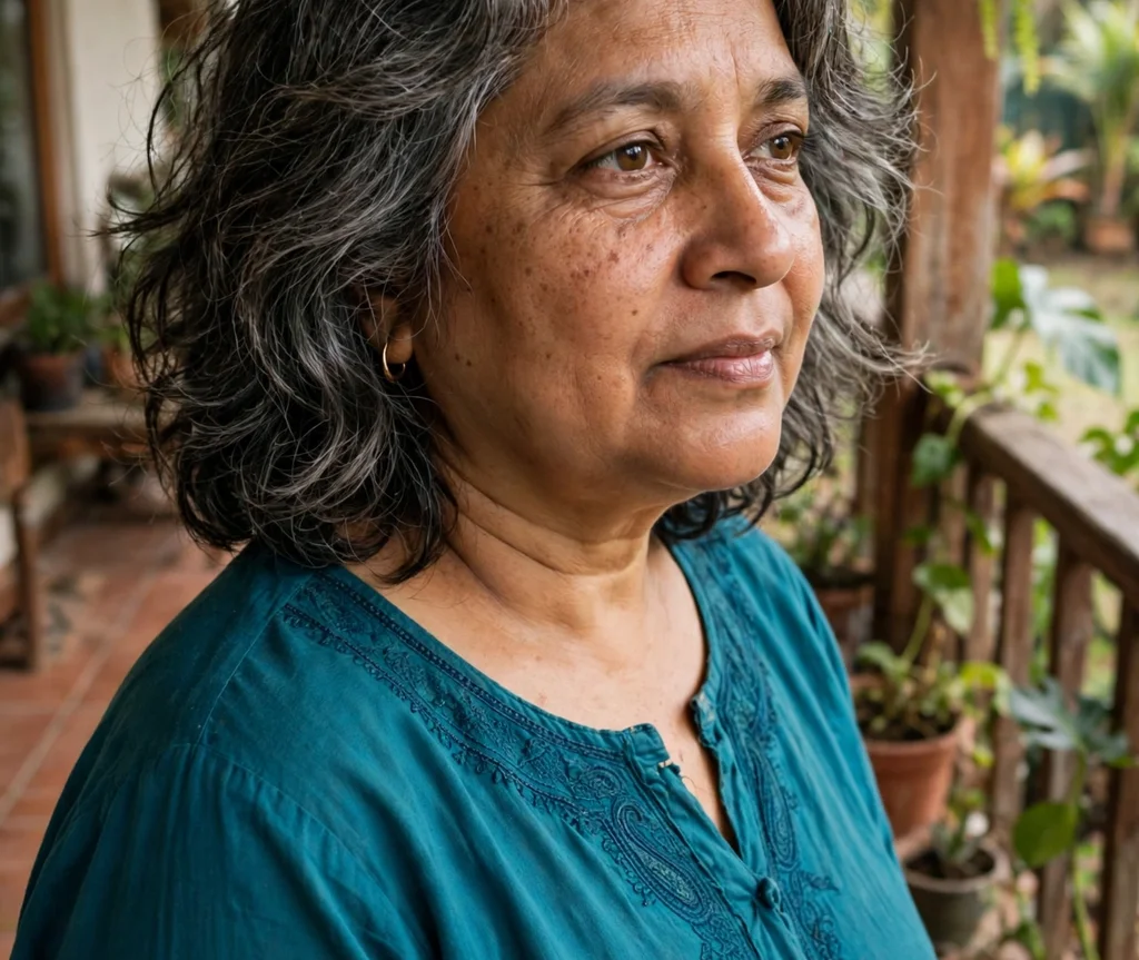 Wavy salt-and-pepper lob with soft middle layers, South Asian woman in her early 50s with a round face, teal kurta, home veranda