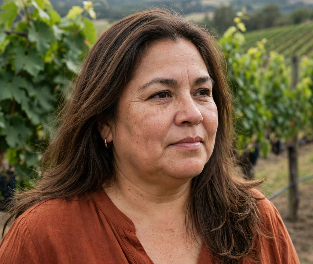 Long brown hair with feathered ends, Latina woman in her mid 40s with a round face, rust-colored top, vineyard