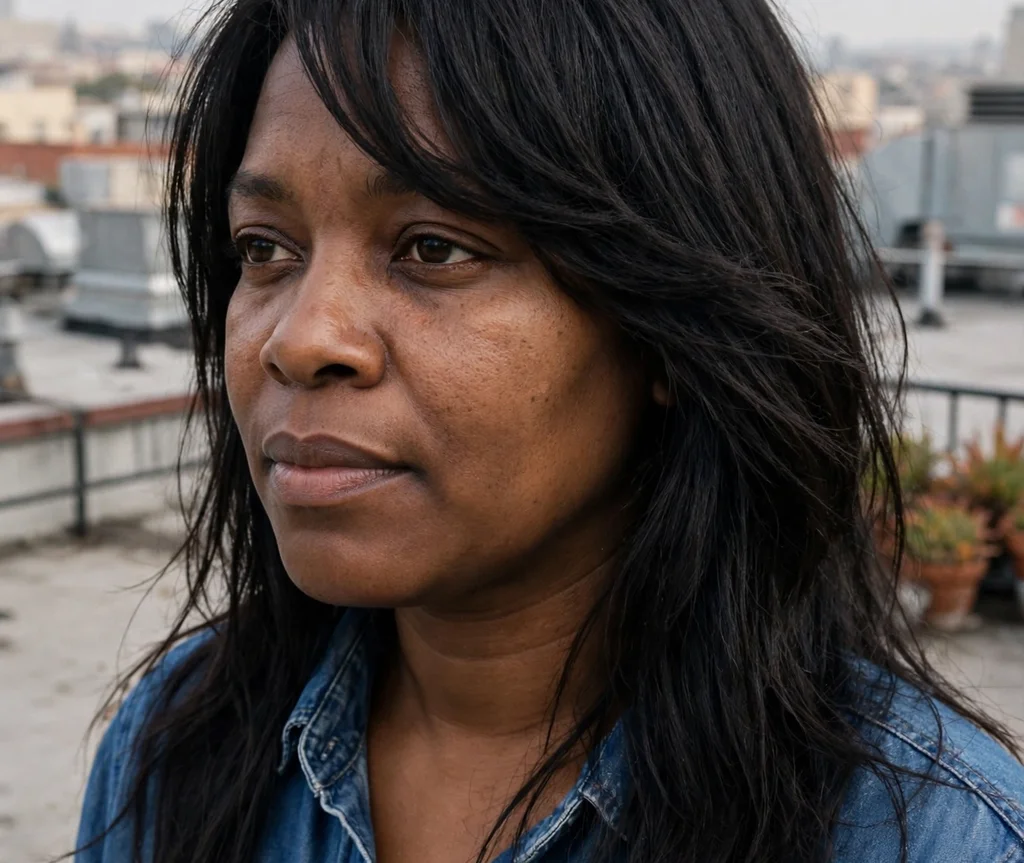 Long dark hair with side-swept long bangs, Black woman in her early 30s with a round face, denim shirt, rooftop