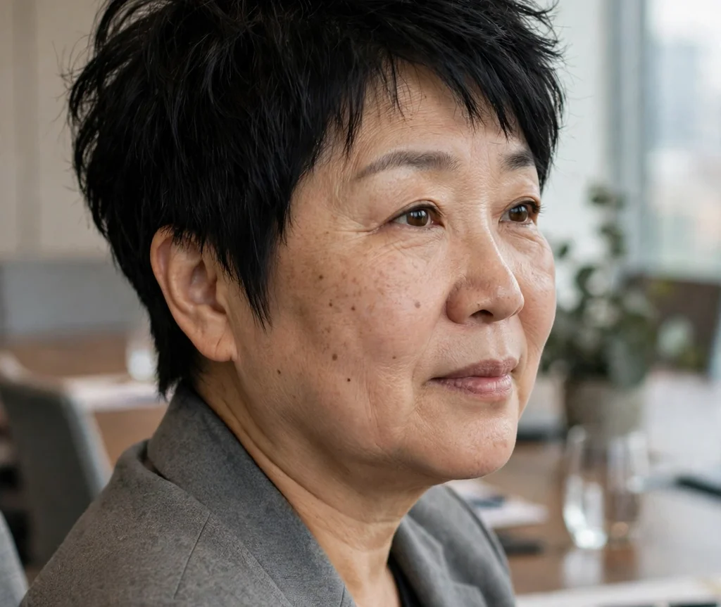 Textured black pixie haircut with volume on top, East Asian woman in her early 50s with a round face, gray blazer, conference room
