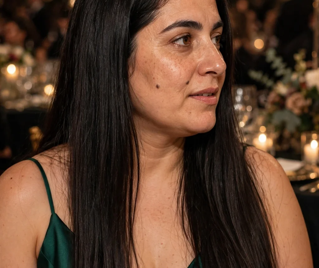 Very long straight dark hair with a deep side part, Middle Eastern woman in her early 30s with a round face, emerald green evening dress, gala event