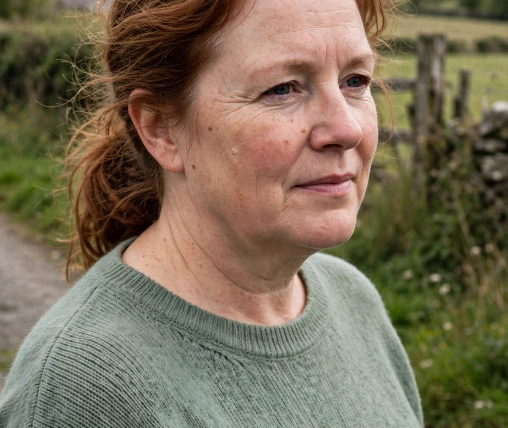 Loose low auburn ponytail with volume at the crown, Caucasian woman in her mid 40s with a round face, sage green sweater, countryside