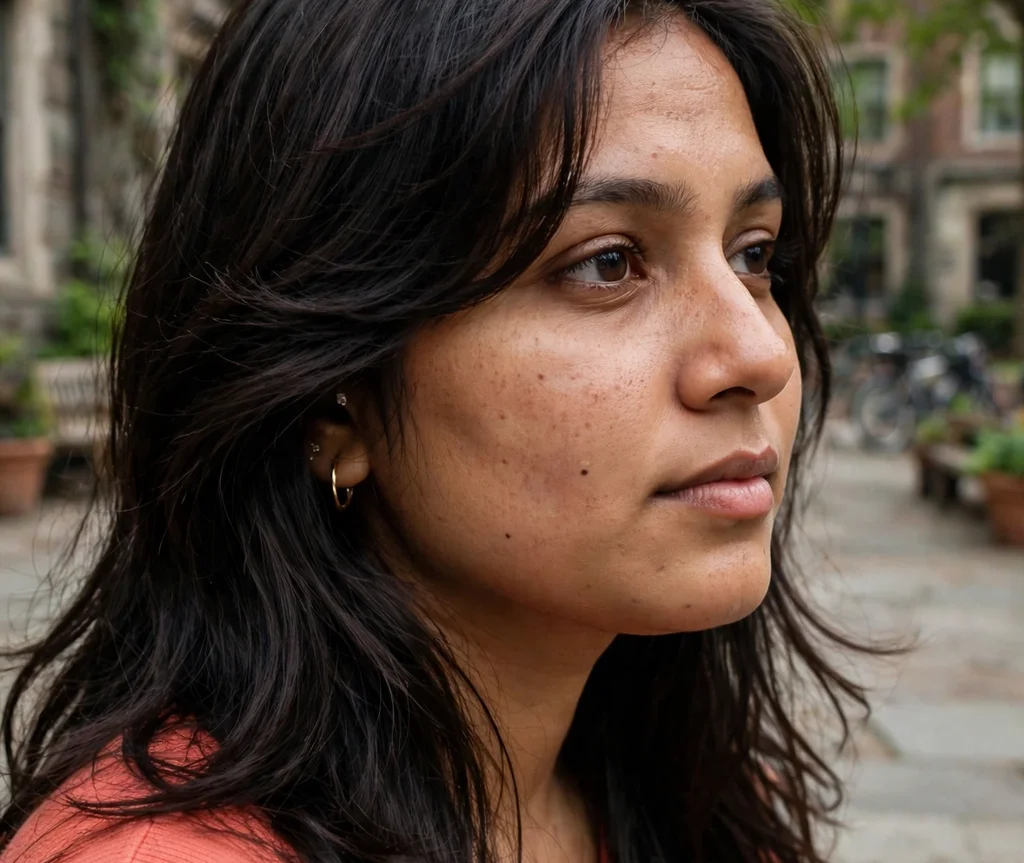 Long layered dark haircut with swooping side bangs, young South Asian woman in her 20s with a round face, coral top, college courtyard
