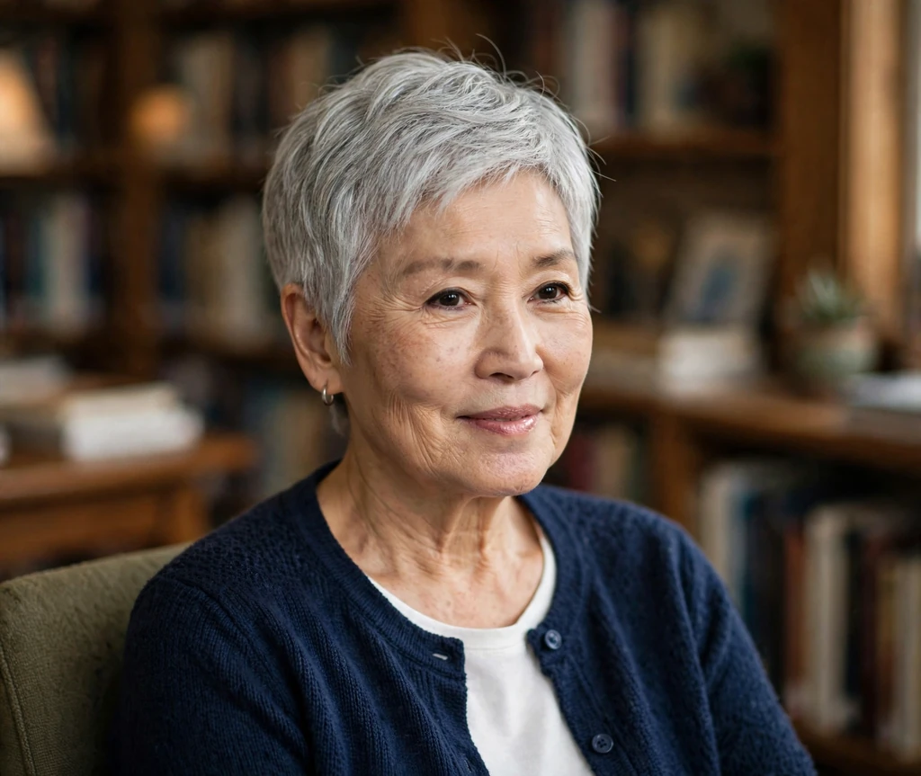Senior East Asian woman with a classic textured silver pixie in a library
