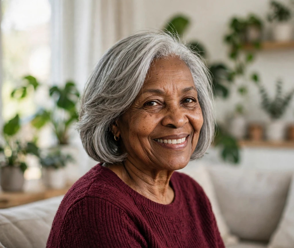 Graceful Black senior woman with a soft gray side-swept bob in a living room