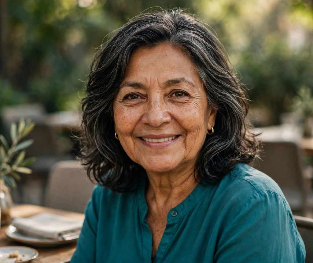 Hispanic senior woman with layered shoulder-length hair with gray streaks at a cafe