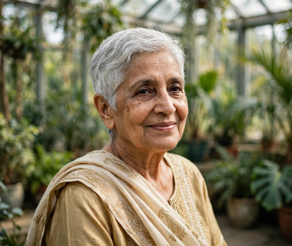 Sophisticated South Asian senior woman with an elegant short silver crop in a conservatory