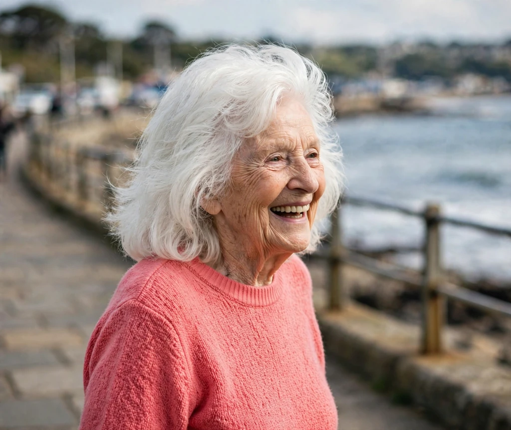 Cheerful senior woman with voluminous white layered hair on a seaside promenade