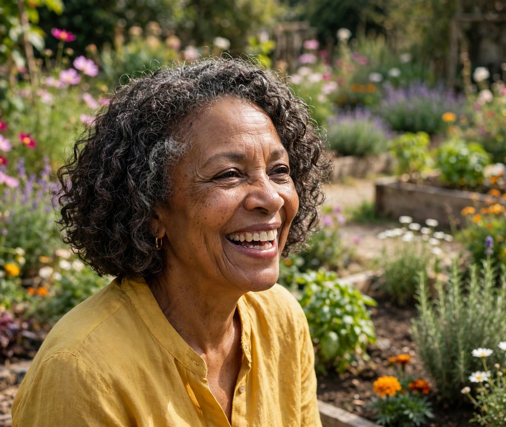 Radiant senior woman with a chin-length curly bob with gray highlights in a garden