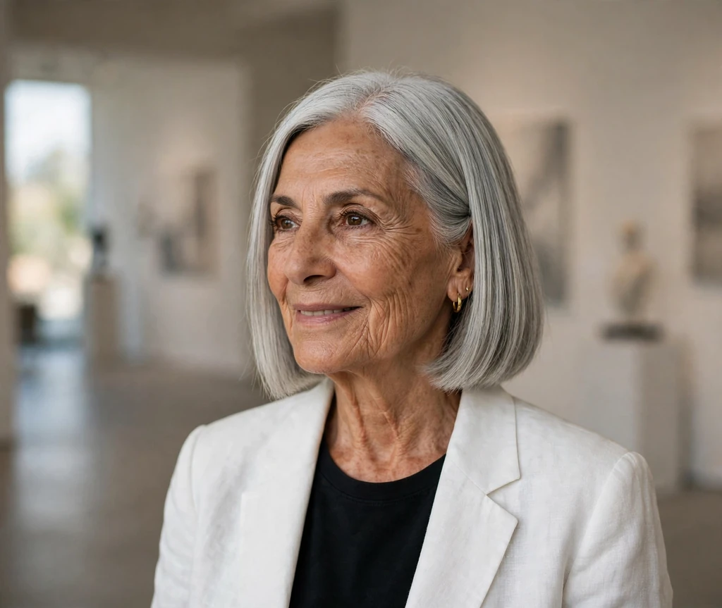 Polished senior woman with a sleek straight silver bob in an art gallery