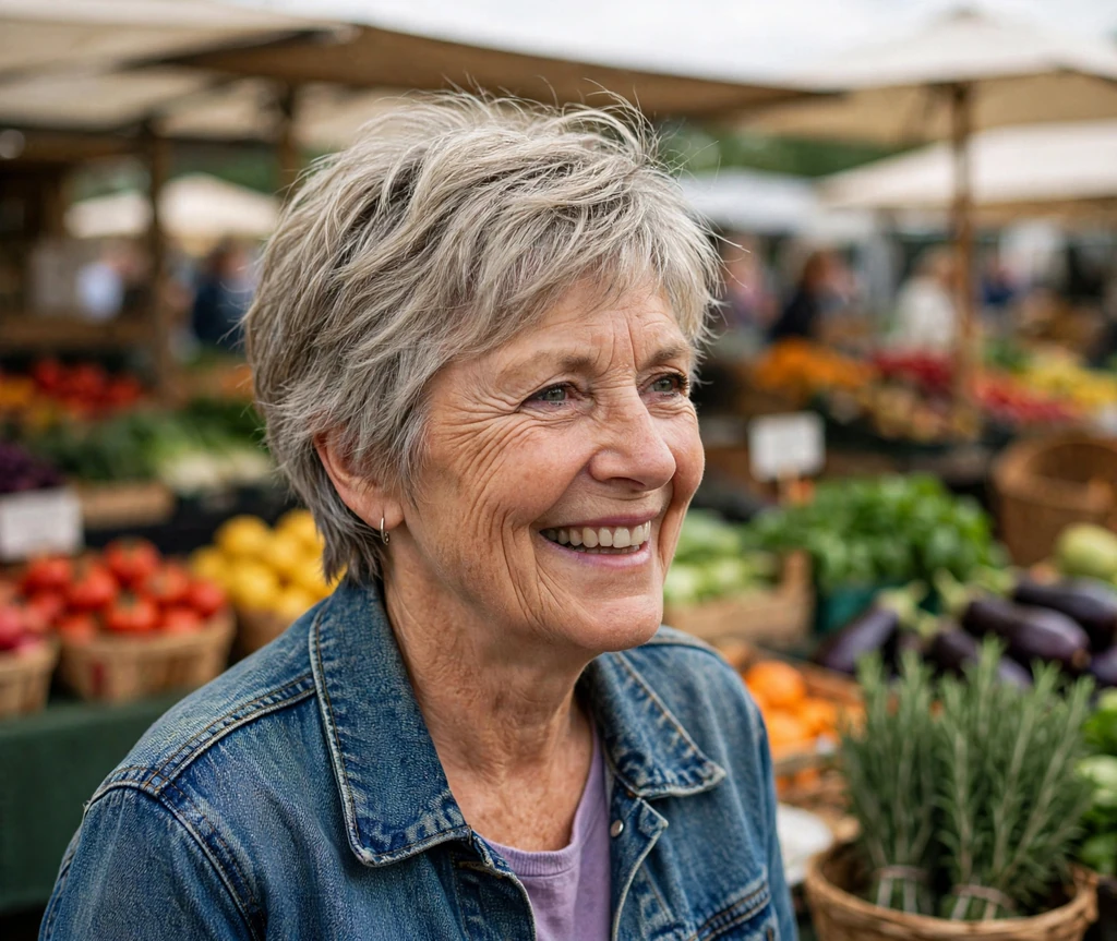 Spirited senior woman with a feathered short shag in ash blonde-gray at a market