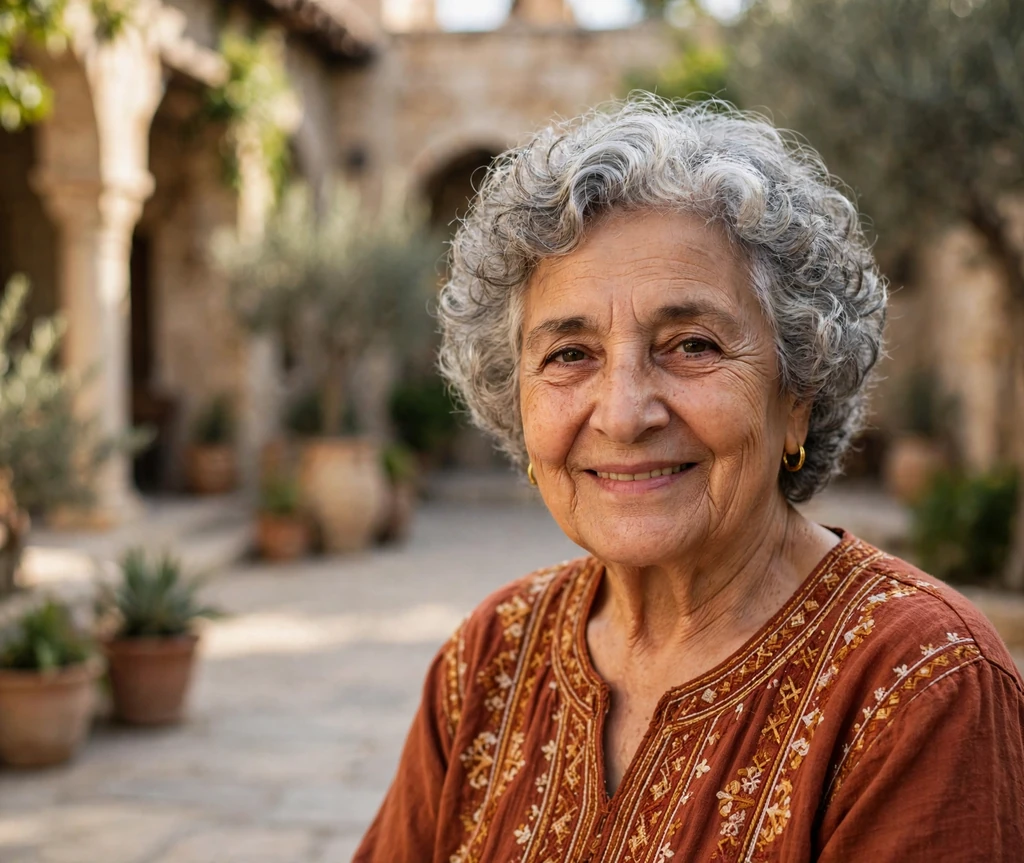 Warm senior woman with soft short permed silver curls in a courtyard
