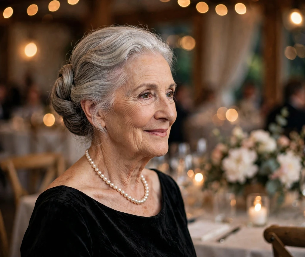 Elegant senior woman with a timeless silver French twist updo at a wedding