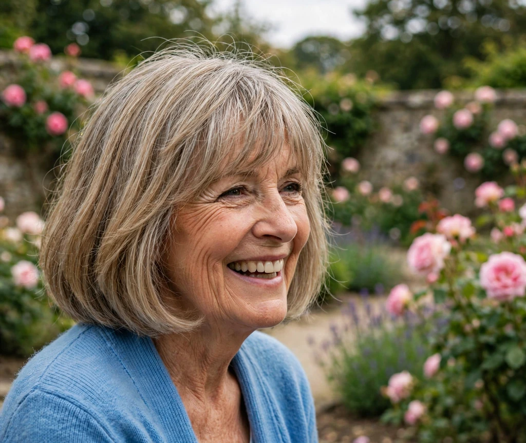 Friendly senior woman with a bob and wispy bangs in honey-gray hair in a rose garden