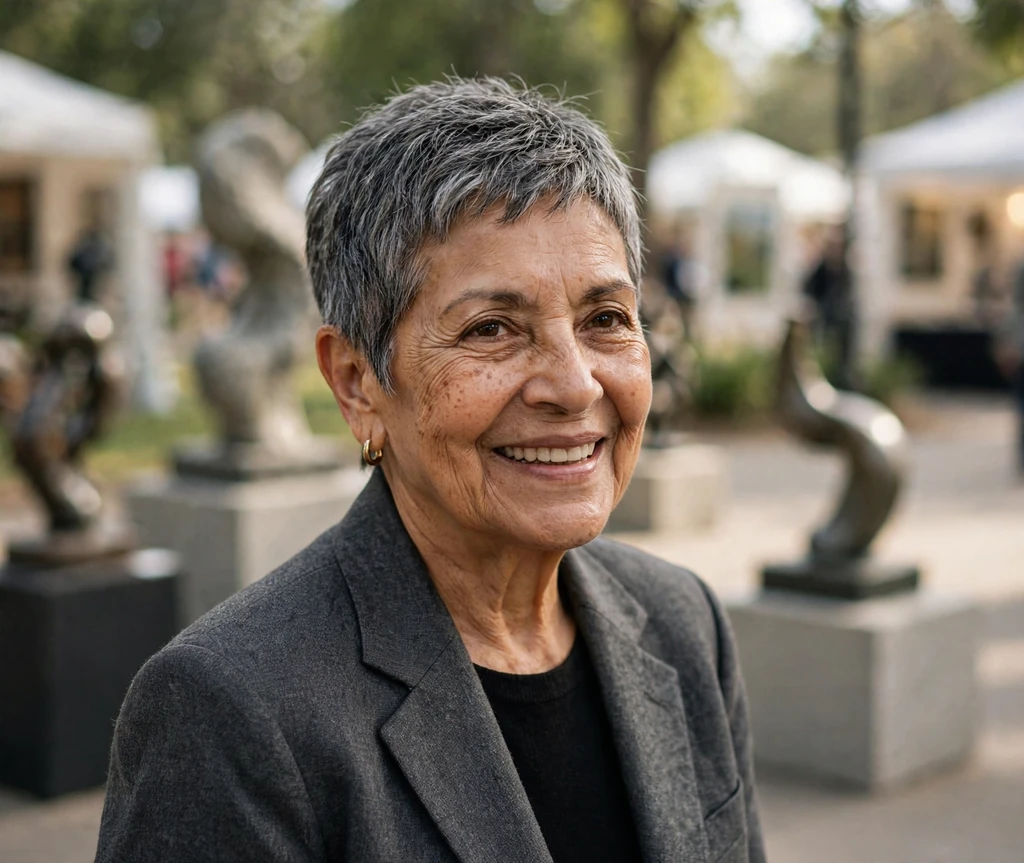 Stylish senior woman with a short salt-and-pepper pixie at an art fair