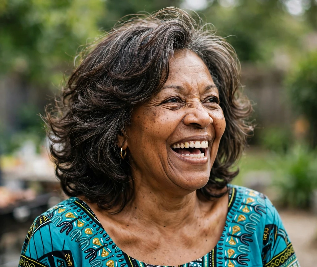 Vibrant senior woman with a bouncy layered lob with gray highlights at a barbecue