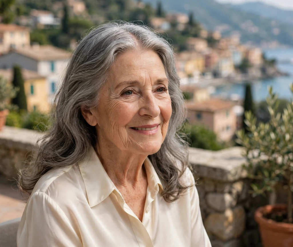 Lovely senior woman with soft gray waves and a middle part on a coastal terrace