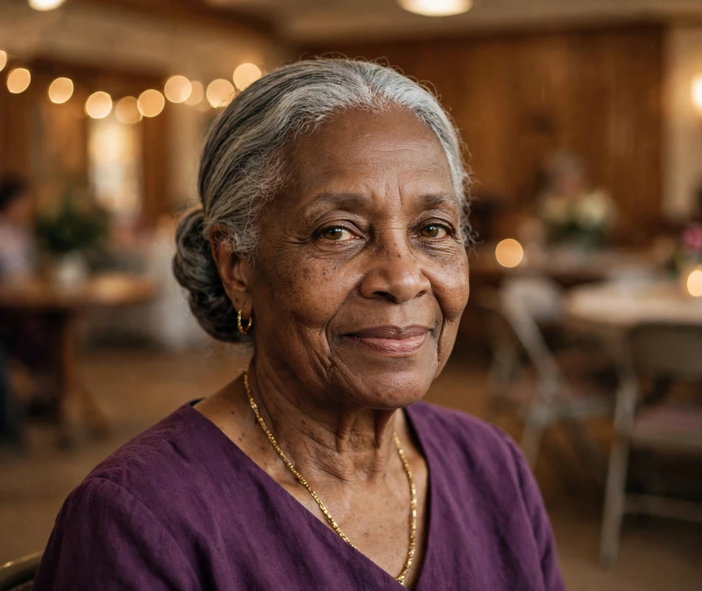 Dignified senior woman with a classic silver low bun at a church social