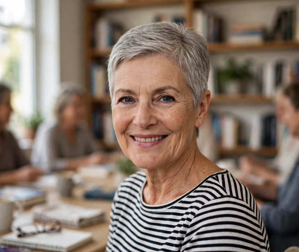 Confident senior woman with a textured short crop and neat side part at a book club