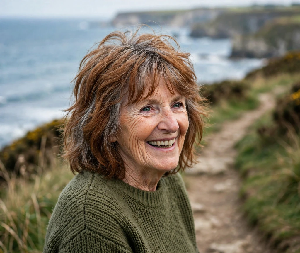 Free-spirited senior woman with a shoulder-length shag in auburn-gray on a cliff path