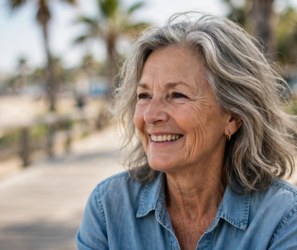 Relaxed senior woman with gentle sandy-gray beach waves on a boardwalk