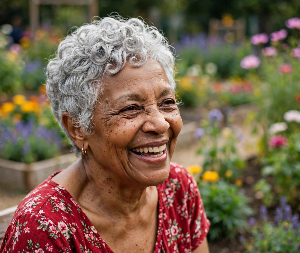 Playful senior woman with a curly silver pixie in a community garden