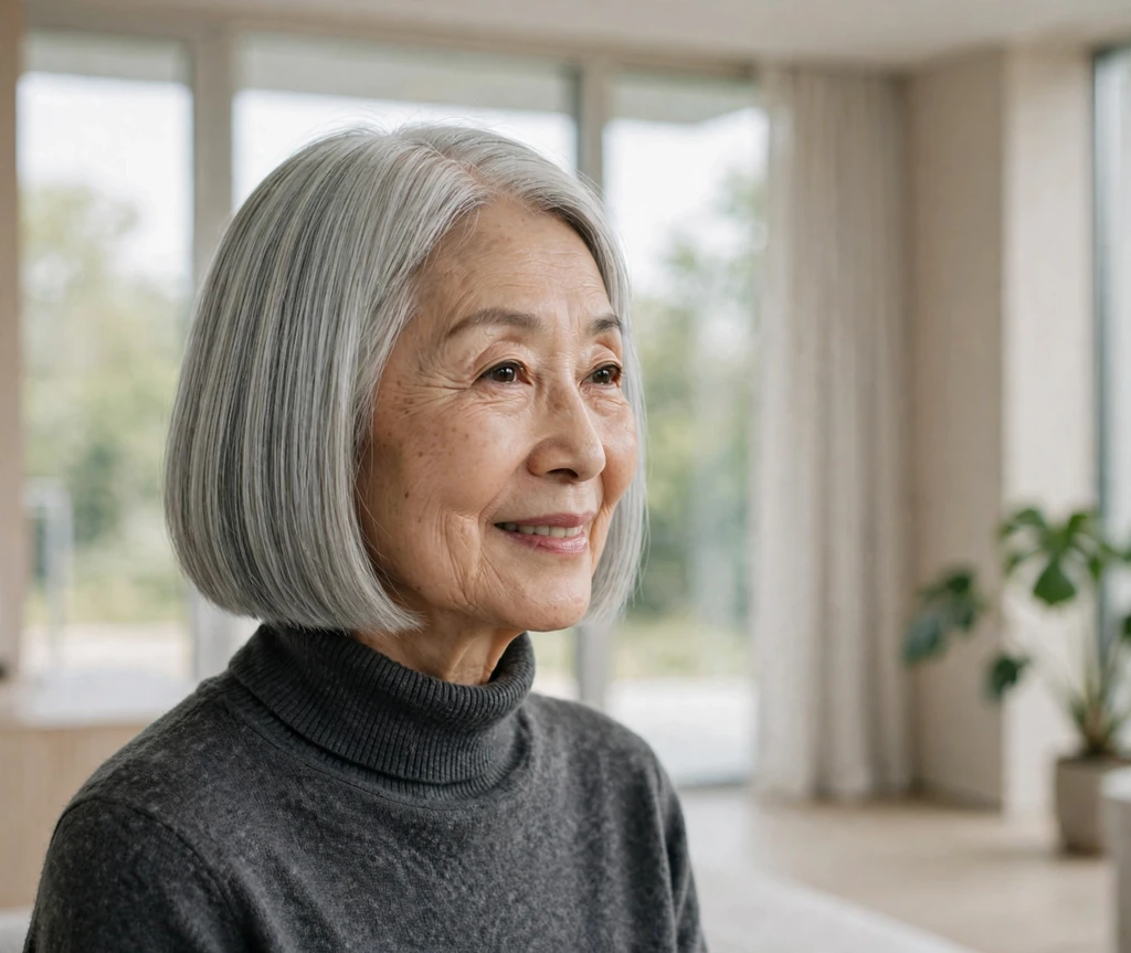 Sleek senior woman with a blunt silver bob at jaw length in a modern interior