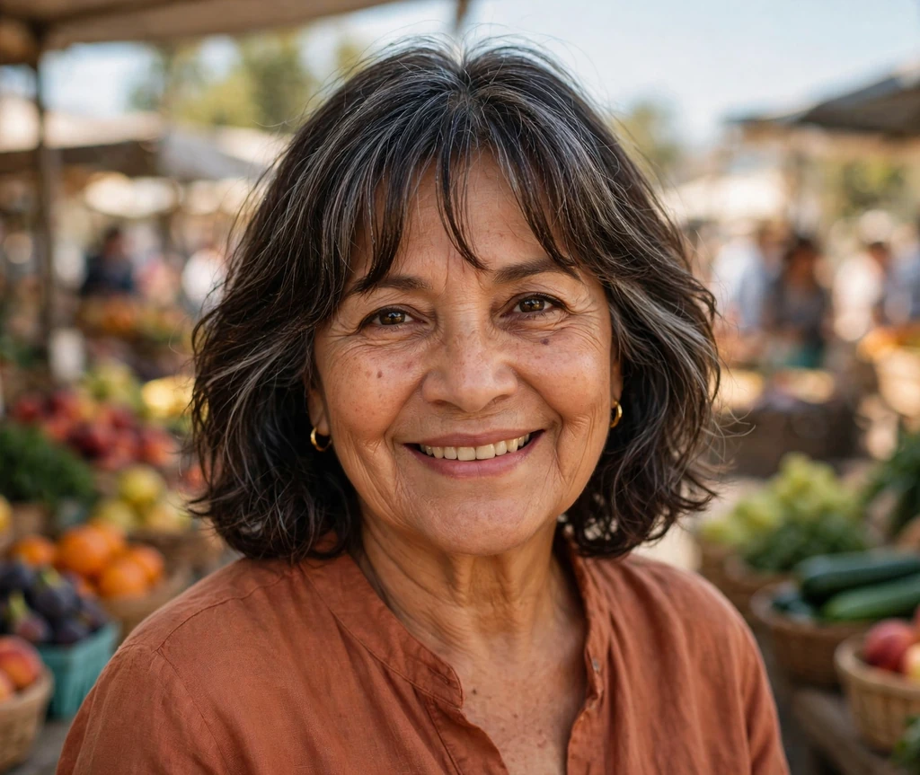 Warm senior woman with a layered bob and curtain bangs with silver highlights at a market