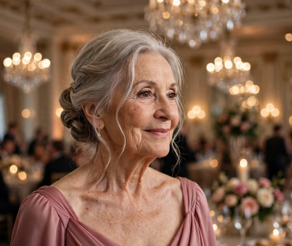 Graceful senior woman with a soft gray chignon updo at a ballroom event