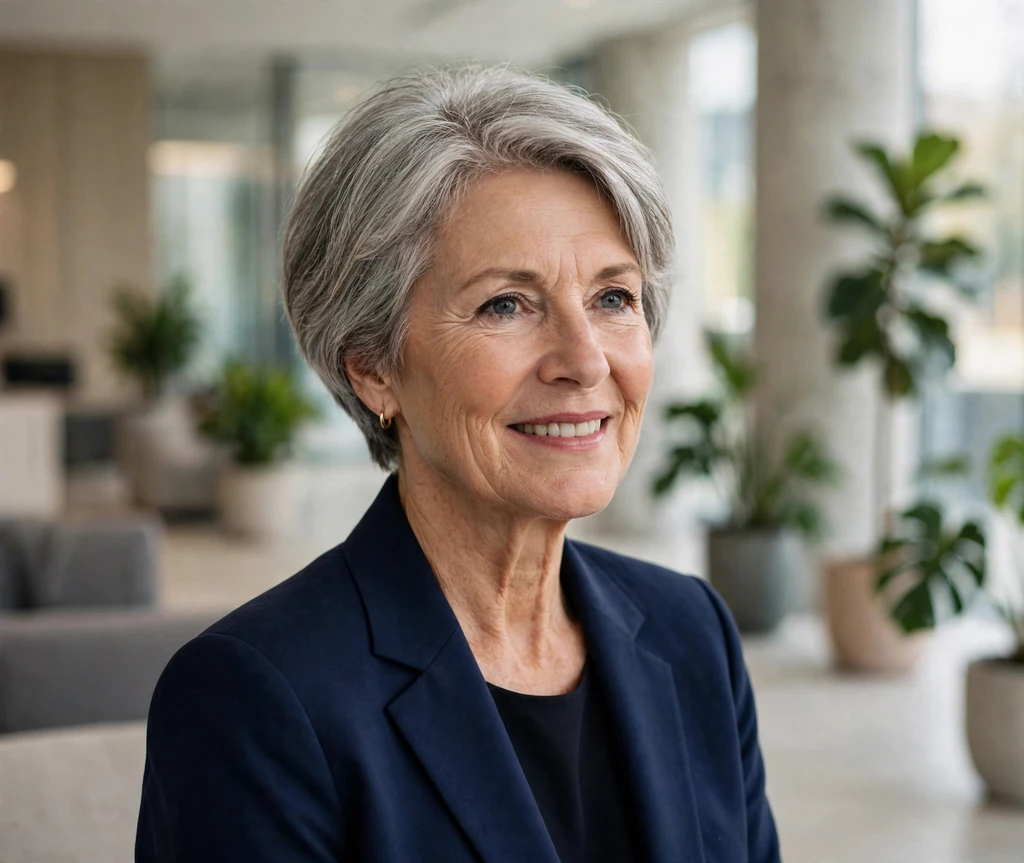 Polished senior woman with a short bob with tapered nape in ash-gray in an office lobby