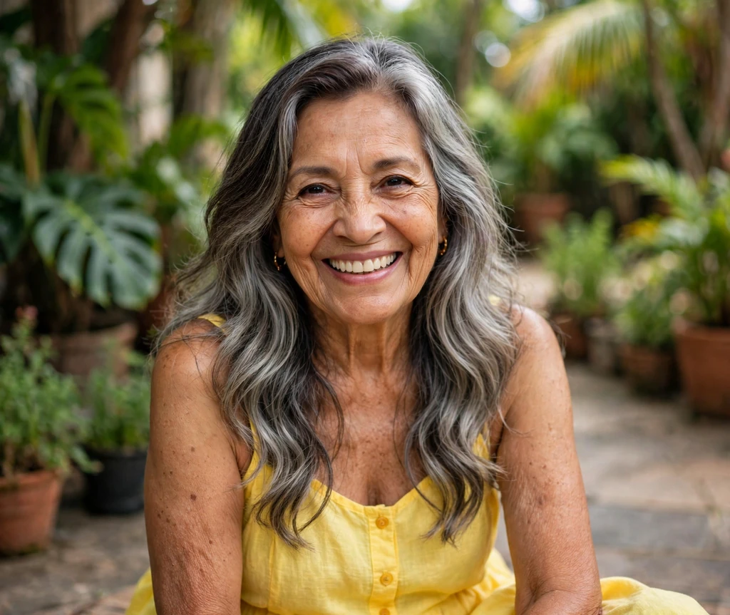 Radiant senior woman with long silver balayage waves in a tropical garden